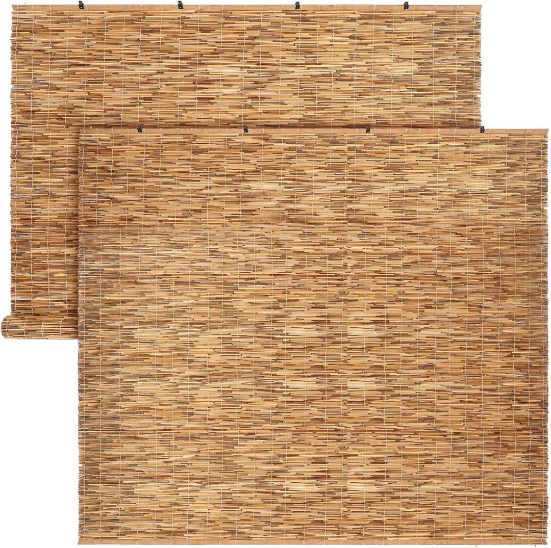 DoubleFill 2 Pcs Bamboo Shades Outdoor Reed Roll Up Blinds 84" W X 72" H Blackout Sunshade Cordless Bamboo Blinds for Home Porch, Patio & Windows Decor Shutters Sunlight Privacy Screen (Carbon Brown)