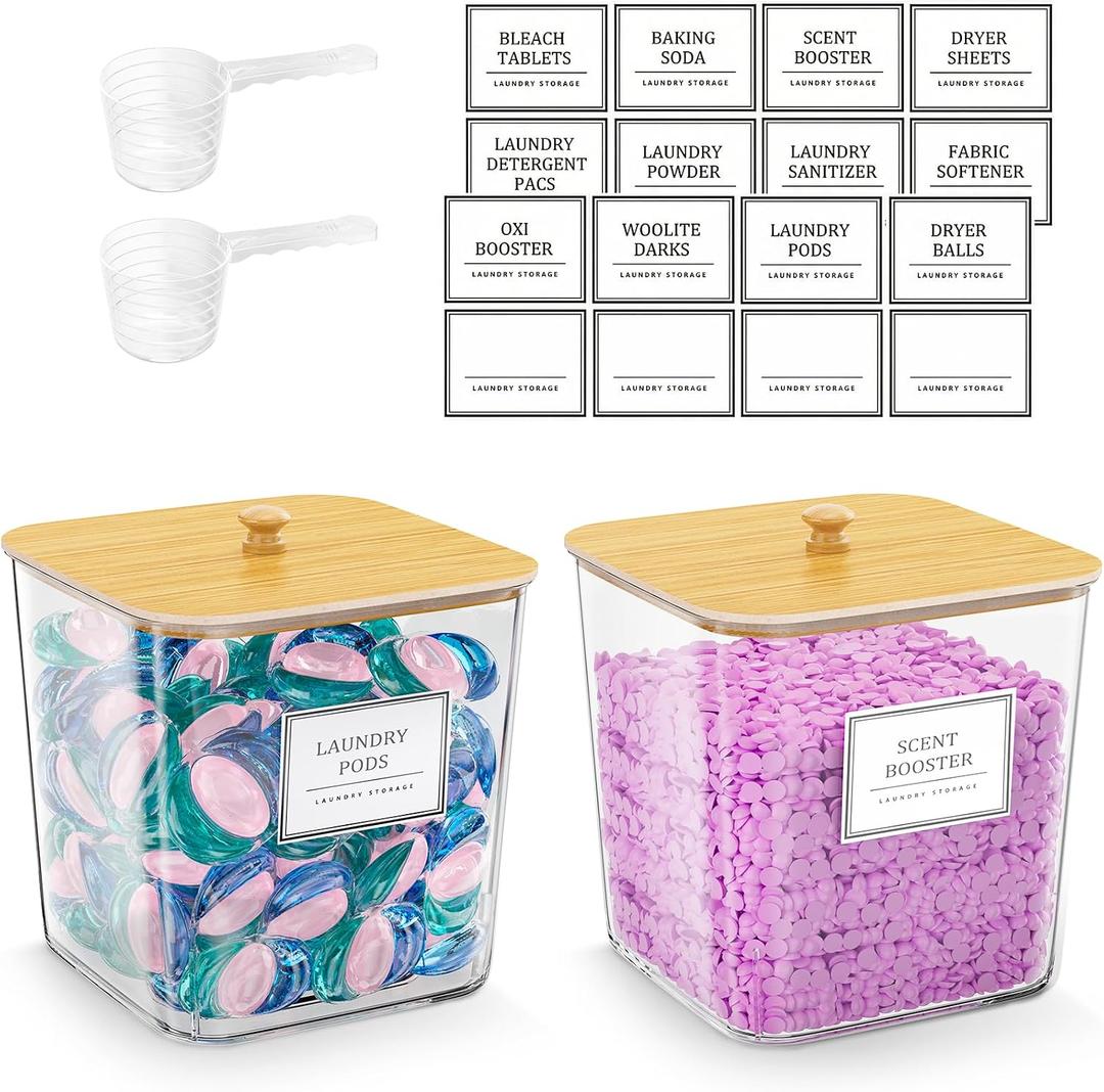 HomePekite 2 Pack Laundry Pods Container,Laundry Room Organization and Storage Containers with Wooden Lids & Labels Large Laundry Detergent Container for Powder,Scent Booster,Pods,Dryer Ball