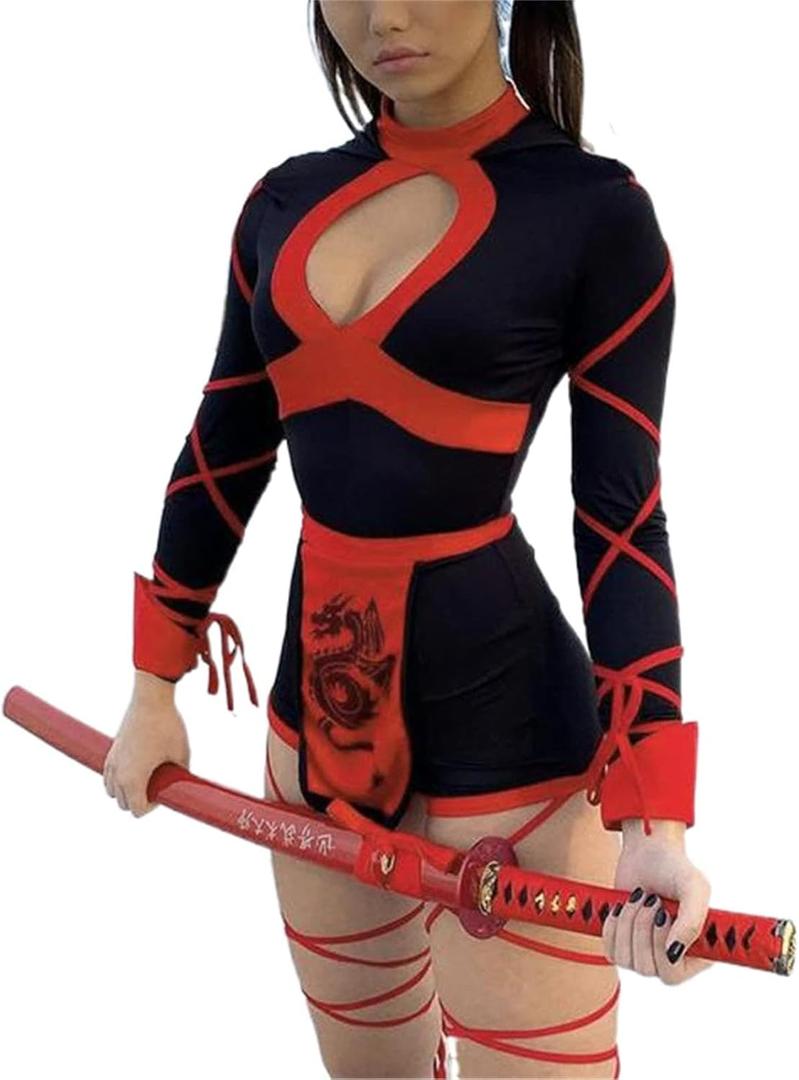 Alyweatry Halloween Women Ninja Sexy Romper Costume Anime Cosplay Dragon Ninja Warrior Costume (Large, Red)