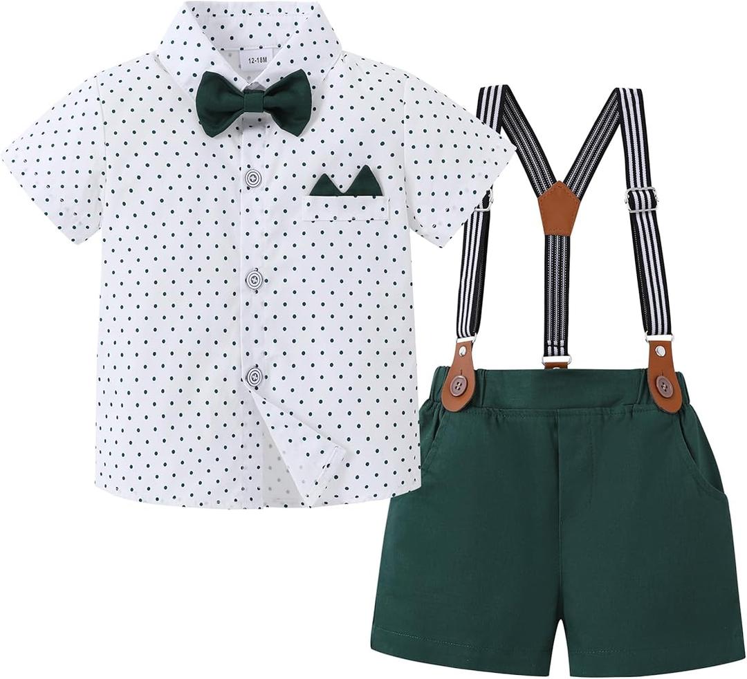 YUEMION Baby Boy Clothes Suits, Toddler Summer Formal Short Shirt+ Bowtie+ Suspender Shorts Gentleman Wedding Outfit (18-24M)