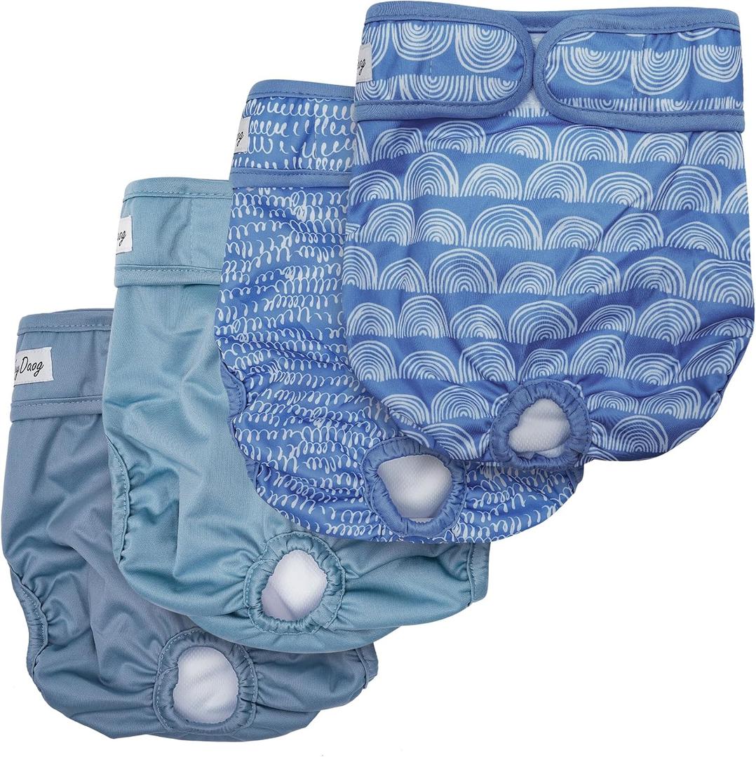 Female Dog Diapers for Small Dogs,4 Pack Reusable Washable Premium Puppy Diapers for Heat,Incontinence,Period Doggy Nappies,Blue XS