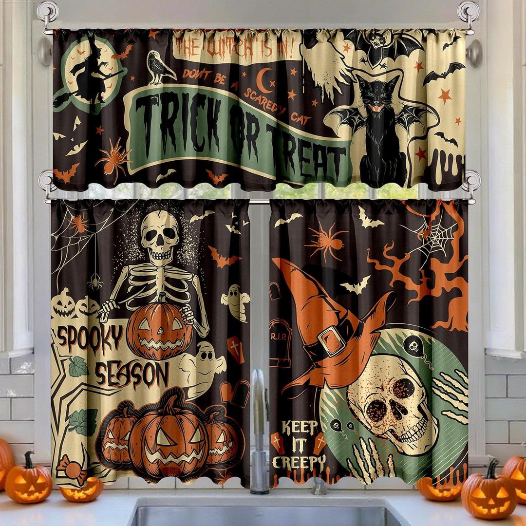 Breling 3 Pcs Halloween Kitchen Curtains Valances and Tiers Set for Windows Gothic Bats Skulls Witches Horror Decor Short Curtain Set for Bedroom Window Treatment Decor Party Favor Supplies, Gothic Halloween 