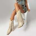 Embroidered Fringe Cowboy Boots for Women, Pull On Mid Calf Chunky Block Heel Pointed Toe Western Cowgirl Boots Riding Country Boot Retro Boots