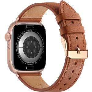 Bestig Leather Bands Compatible with Apple Watch Band 38mm 40mm 41mm 42mm(Series 10 11) for Women Men, Wristband Strap for iWatch SE3/2/1&Series 9 8 7 6 5 4 3 2 1(Brown+Rose Gold)