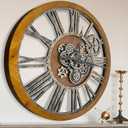 The B-Style Large Real Moving Gears Wall Clock 30 inch Rustic Retro Industrial Farmhouse Wood Clock Oversized Decorative Vintage Wall Clocks for Living Room (Drak Brown and Bronze)