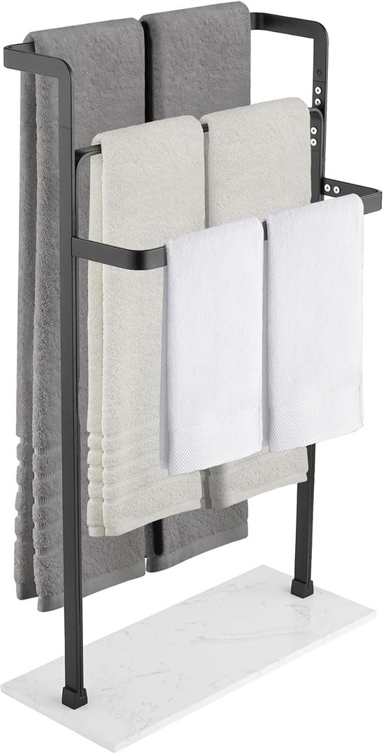 Free Standing Towel Rack for Bathroom, 3-Tier Stainless Steel Standing Towel Rack, 12 lbs Heavy Natural Marble Base, Multi-Size Bath Towel Stand for Bath Sheet, Hand& Fingertip Towels, Matte Black