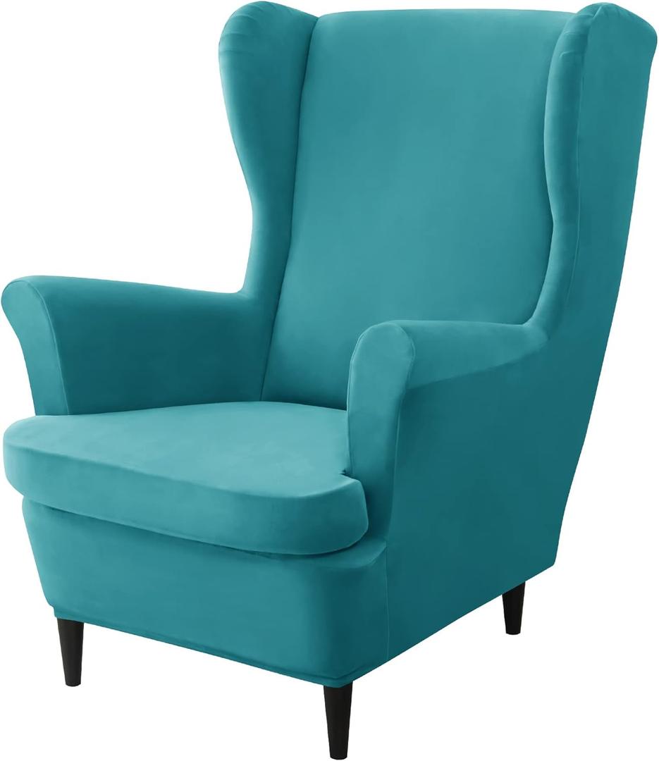 CONRUSER Stretch Wingback Chair Covers, 2 Piece Wing Chair Slipcovers Soft Velvet Armchair Covers with Elastic Bottom for Living Room Bedroom (Turquoise)