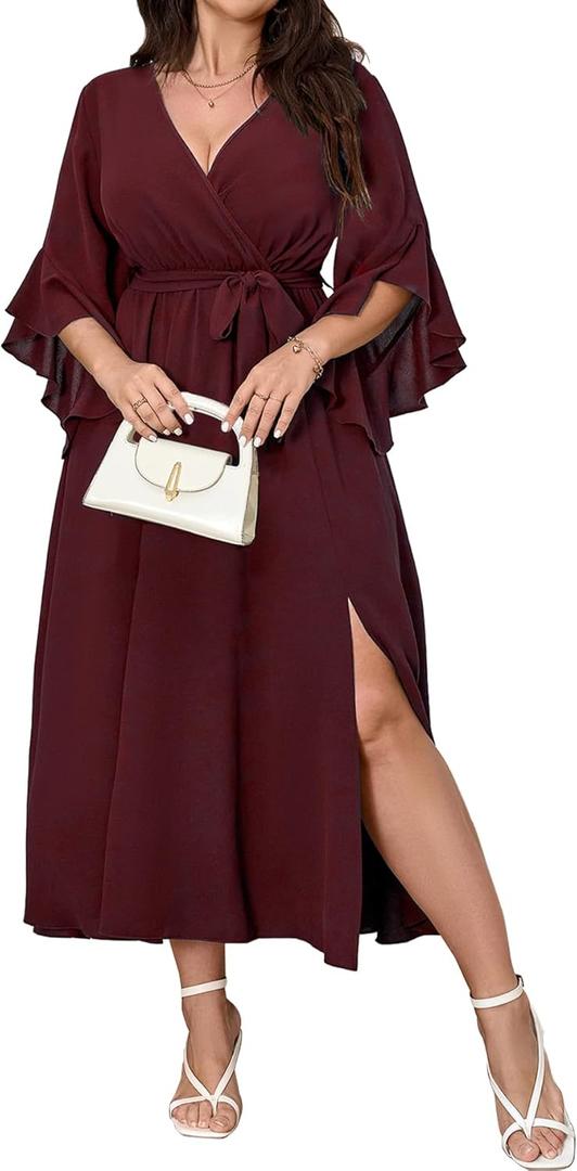 Womens Plus Size Dress Wedding Guest Cocktail Ruffle Half Sleeve Wrap V Neck Slit A Line Maxi Dresses with Belt (Burgundy) L