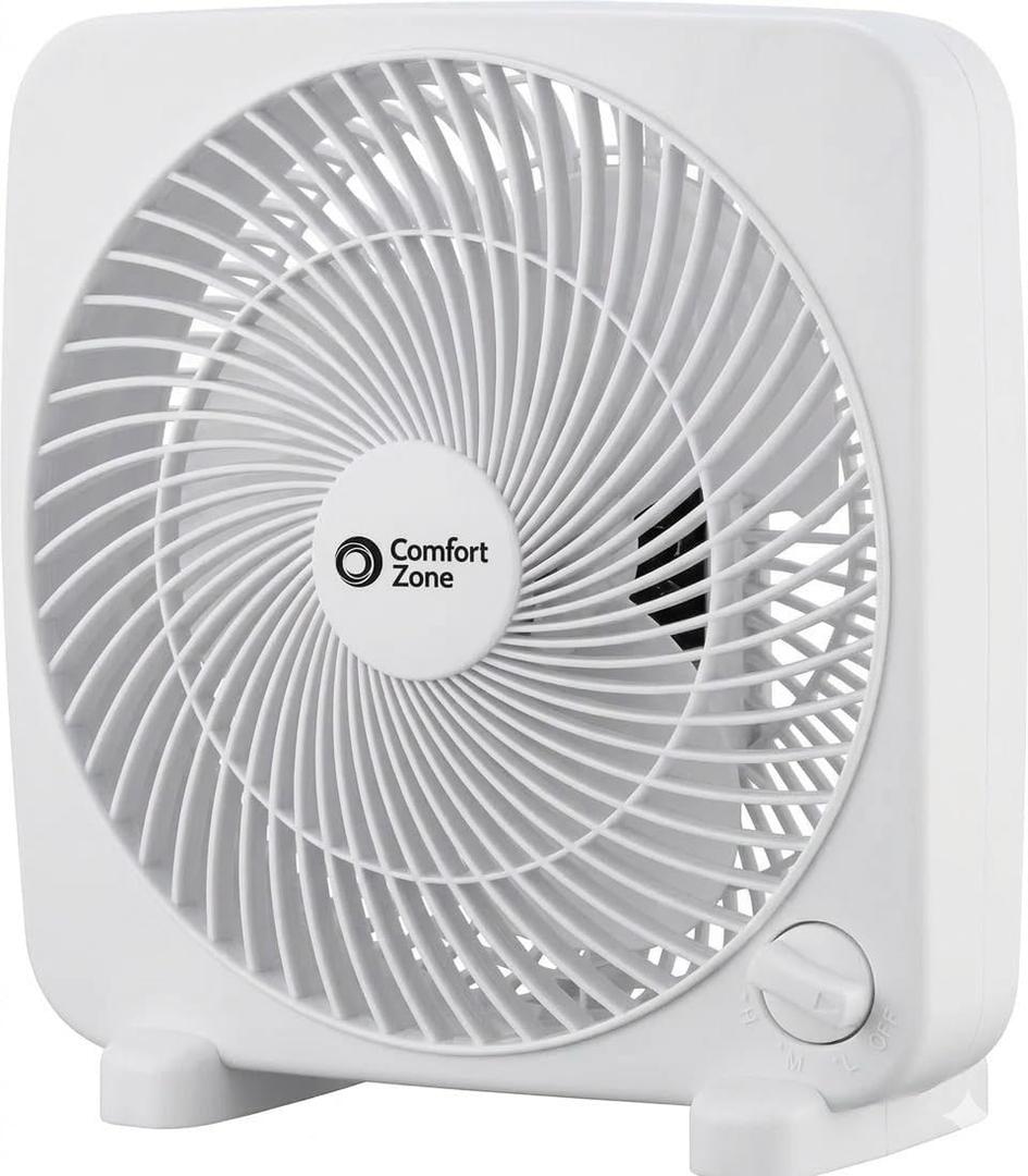 Comfort Zone 9-inch Portable Box Fan  Compact Desktop Cooling Fan with 3-Speeds, Quiet Operation, Built-in Carry Handle & Safety Grill  ETL Listed for Home, Office, or Dorm  White