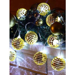 BBTO LED Disco Ball String Light Battery Powered Mirror Balls Ornaments for Outside Backyard Porch 70s 80s Disco Party Supplies(1.57 Inch,Gold)