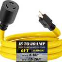 Kanayu 6ft 12awg Pool Pump Adapter Cord Compatible with NEMA 5-15p to L5-20r, 3 Prong 15a Household Male Plug to 3 Prong 20a Locking Female Receptacle, 125v 1875w for RV Generator Welder, ETL Listed