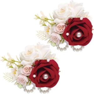 Wrist Corsage and Boutonniere Set, Artificial Rose Corsage Wristlet and Boutonniere for Wedding Prom Party (Dark-red, 2pcs Wrist Corsage)