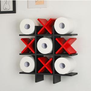 Weysat Tic Tac Toe Toilet Paper Holder Stand Bathroom Wall Decor Rustic Wooden Hanging Storage Freestanding Wall Mounted Shelves Decor for Toilet Tissue Farmhouse, Black Red