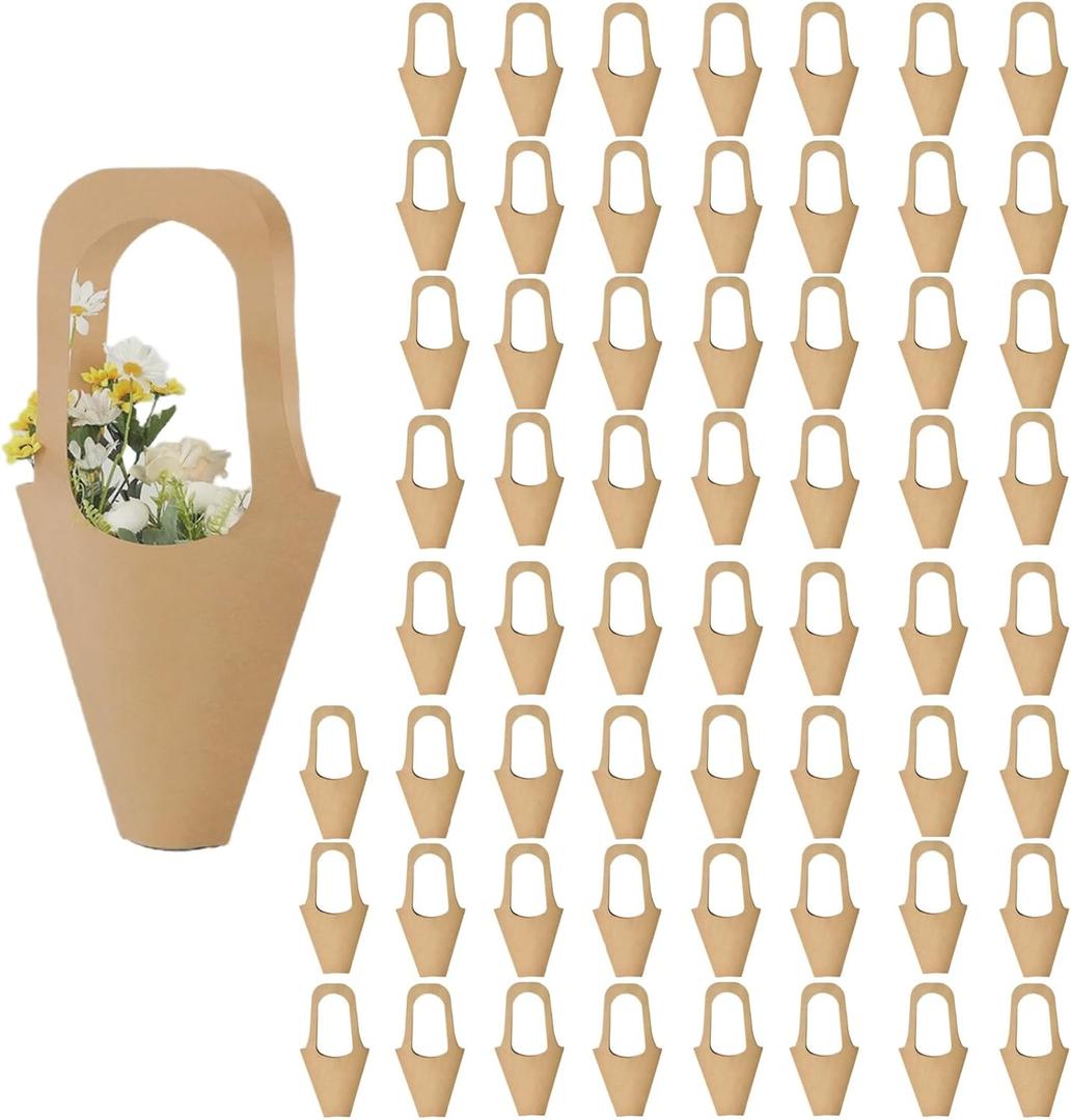 60pcs Kraft Paper Flowers Gift Bags Bouquets Bags with Handle Cone Flower Sleeves Flowers Wrapping Gift Home Decoration(60pcs, Size: Small) (60 Count (Pack of 1))