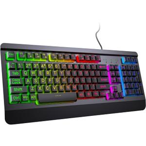Gaming Computer Keyboard with Large Print Keys, 104 Keys All-Metal Panel, Rainbow LED Backlit, Wrist Rest, Multimedia, Anti-Ghosting, Waterproof Light Up Wired Keyboard for PC Mac Gamer