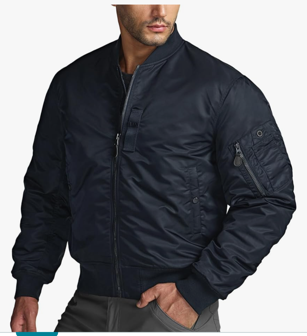 CQR Men's Casual Bomber Jacket, Outdoor Fall/Winter Zip-Up Windbreaker, Water Resistant Padded MA-1 Flight Jacket with Pocket, Large