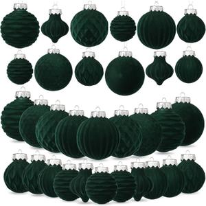 25-Pack Velvet Christmas Ball Ornaments, Shatterproof Premium Fabric Xmas Tree Decorations for Home, Party, Holiday Festive Decor (Emerald Green)