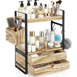 2-Tier Bathroom Counter Organizer with 2 Drawers, Basket and Hooks, Wood Bathroom Organizers and Storage for Countertop, Farmhouse Bathroom Countertop Organizer for Vanity, Kitchen, Coffee Bar, Office