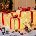 Christmas Decorations Lighted Gift Boxes Set of 3, Foldable 12" 10" 8" Xmas Gift Boxes with LED Lights, Bows, Berries and Pinecones for Indoor Outdoor Christmas Tree, Yard, Party Decorations