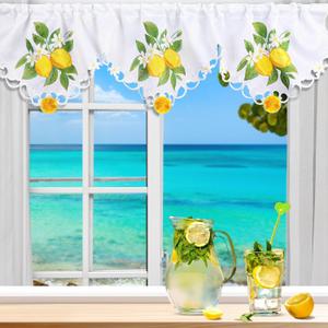 Embroidered Summer Lemon Kitchen Curtains Valances 58 x 15 Inch Yellow Lemon Window Treatment Valance Fresh Fruit Flower Leaf Curtain for Bedroom Bathroom Living Room Decor