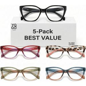 Yogo Vision Magnifying Glasses for Reading, High Magnification One Power Magnifier Readers Cateye for Women 5 pk