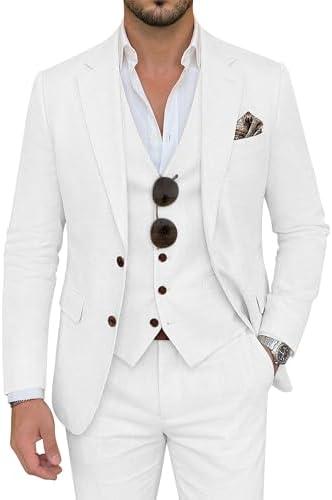 ZKHOECR Men's Suit 3 Piece Linen Suits Slim Fit Suit Blazer Vest Pants Set Wedding Prom Tuxedos Business Casual Suit, Size: Large