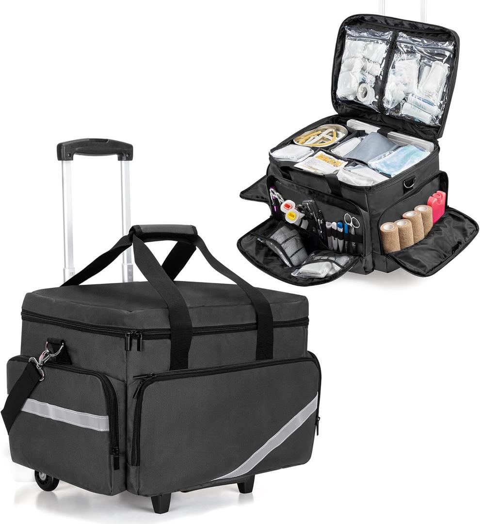 Trunab Rolling Medical Bag with Detachable Trolley, Nurse Rolling Bag with Removable Dividers 15.6 Laptop Sleeve, First Aid Responder Bag Empty for Home Health Nurses, Doctors, EMT, EMS