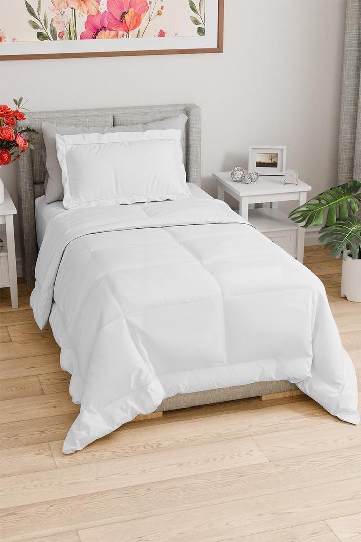 Twin Comforter Set - 2 Piece Bed Set for All Seasons - 1 Soft Quilted Comforter with Corner Tabs & 1 Pillow Sham - Comfy, Cozy & Breathable - Premium Down Duvet Insert - Oeko-TEX - Twin Size, White