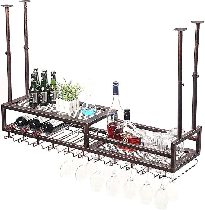 MBQQ Ceiling-Type Wine Holder,Wall Mounted Bottle Holder Hanging,Goblet Stemware Racks,Mug Racks,Vintage Home Decor,Retro Red