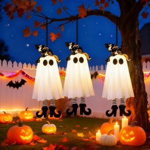 Set of 3 Halloween Hanging Ghosts Outdoor Decorations, Floating Ghost Witch Hats, Hanging Halloween Witch Decor for Yard Patio Garden Tree Outside
