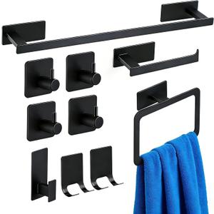 10 Pieces Bathroom Towel Bar Set, Stainless Steel Matte Black Bathroom Hardware Set Self Adhesive, Towel Racks for Bathroom, 16 inch Towel Bar, Robe Towel Hooks, Toilet Paper Holder, Towel Ring