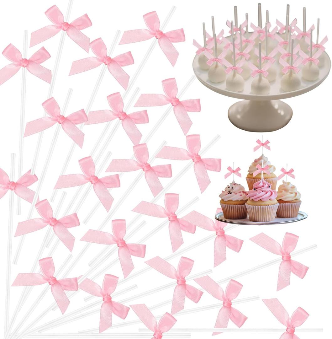 Faccito 50 Sets 6" Pink Bow Cake Pop Sticks DIY Coquette Themed Dessert Decorations for Candy, Lollipop, Cupcake Toppers, Party Decor for Baby Shower, Valentine's Day, Birthday, Wedding, Bachelorette