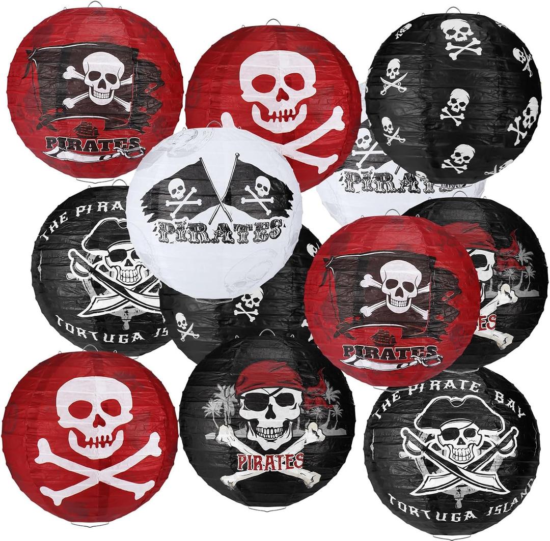 Panelee 12 Pcs Pirate Theme Paper Lanterns Birthday Party Decorations 8 Inch Hanging Round Paper Lanterns for Halloween Party Decorations Holiday Indoor Outdoor Ceiling Ornament Supplies