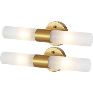 Gold Bathroom Vanity Light Fixtures 2 Pack Modern Cylinder Wall Sconce Frosted White Acrylic Glass Shade 2-Lights Mid Century Wall Light for Mirror Living Room