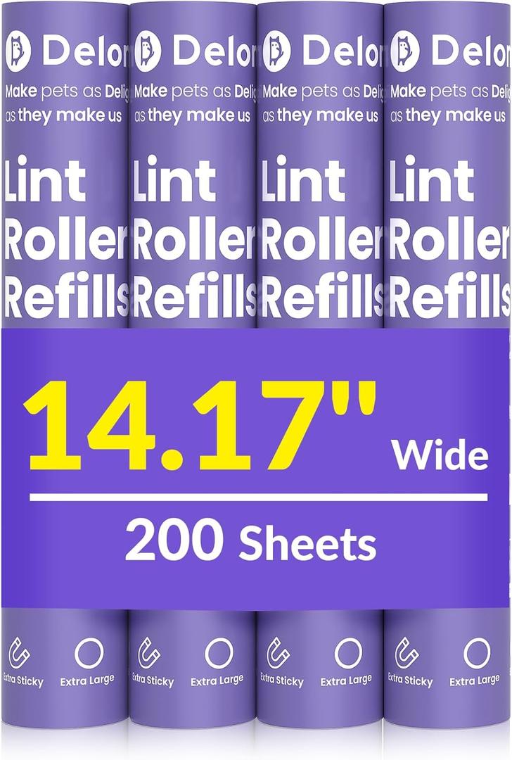 DELOMO 14.17" Large Lint Roller Refills (4 Packs 200 Sheets)  Compatible Only with DELOMO 14.17 in Giant Lint Roller  Extra Sticky Floor Lint Roller Refill for Carpets, Bedding, Couches, Pet Hair
