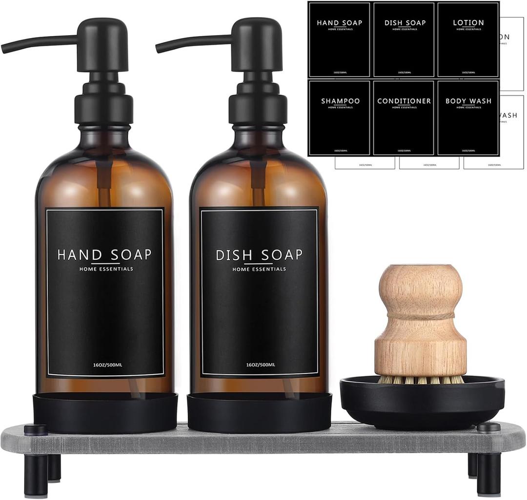 NEECZS Kitchen Soap Dispenser Set with Instant Dry Tray,16 Oz Hand and Dish Soap Amber Glass Dispenser Set, Stainless Steel Pump, Waterproof Labels & Dish Brush, Luxury Soap Bottle for Kitchen, Bathroom