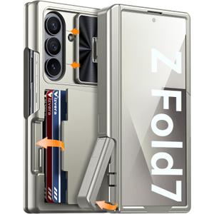Vizvera for Samsung Galaxy Z Fold 7 Case RFID Wallet with Cards Holder[Kickstand][Camera Cover] Shockproof Silicone Protective Phone Case for Z Fold 7 2025-Natural Titanium