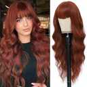 MINSEEYOO Auburn Wig with Bangs for Women Long Wavy Wigs 26 Inch Auburn Wigs Natural Looking Heat Resistant Synthetic Wig for Daily Party Use