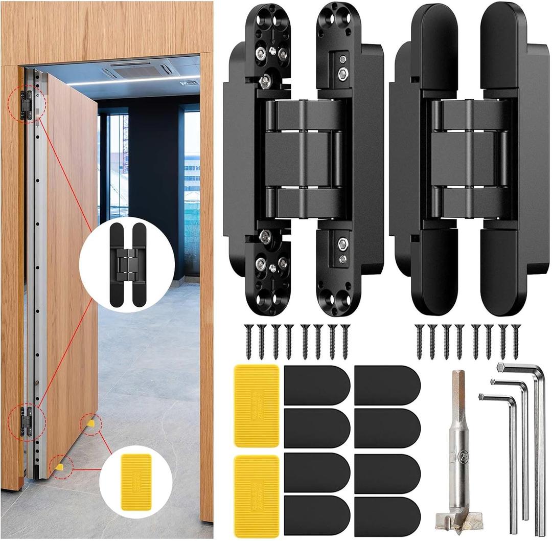 6" Hidden Door Hinge/Invisible Door Silent Door Hinge 180 Degree Swing Hinge 3-Way Adjustable Butt Hinge 6 x 2.5 x 1 Black (Pack of 2) (Black)