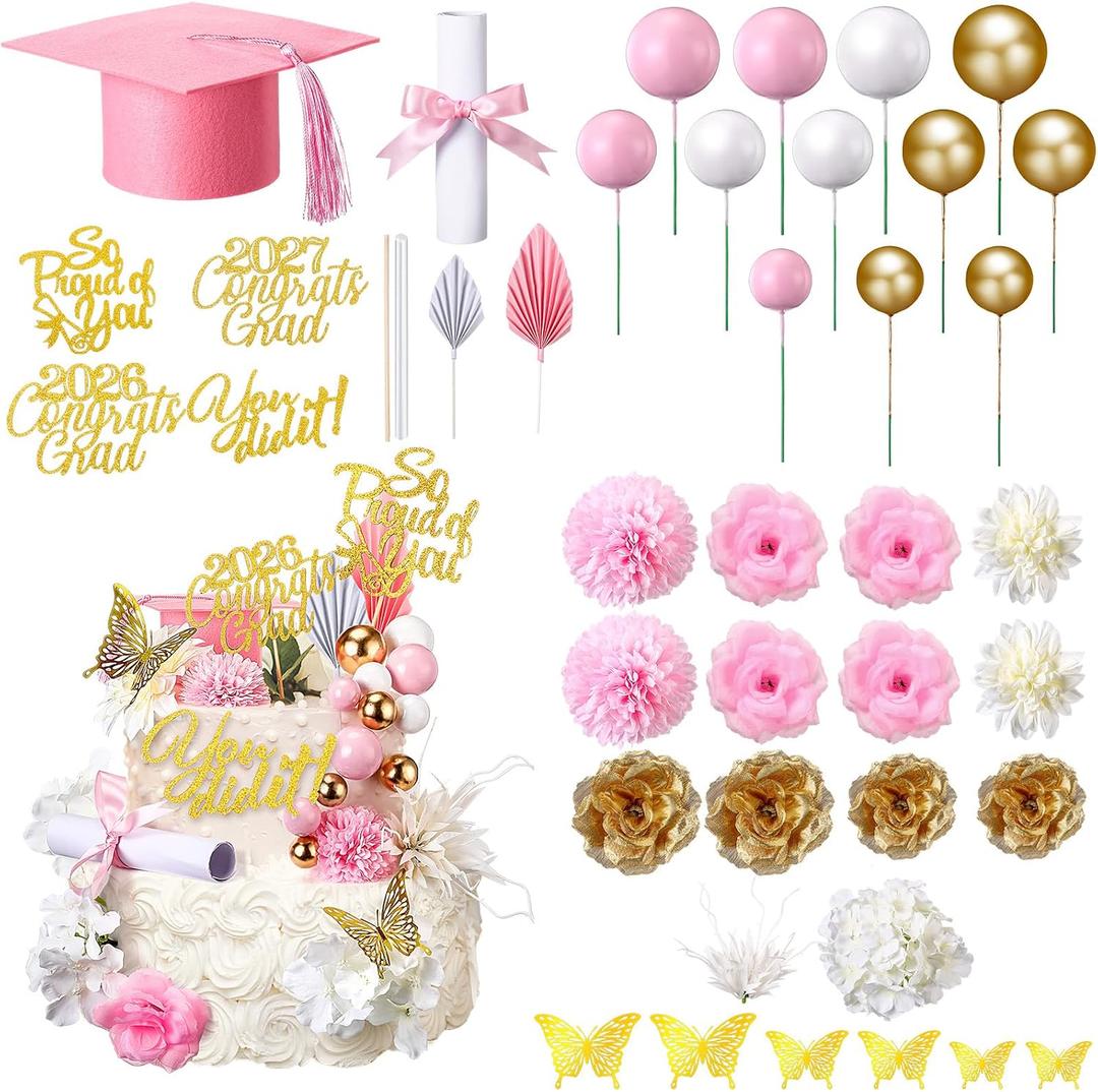 Sureio 42 Pcs Graduation Cake Toppers 2026 Graduation Cap Diploma Congrats Grad Cake Decorations Balls Flowers Cupcake Toppers for High School College Senior Graduate Party Decor Supplies