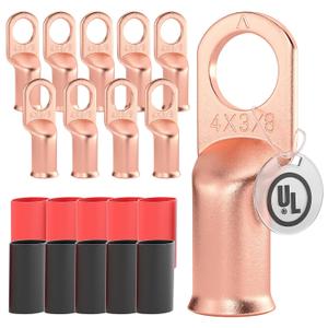 AIRIC 10 PCS UL Listed 4 AWG - 3/8" Battery Cable Lugs, Heat Shrink Ring Terminals End, Copper Cable Ends, Wiring Connector Terminal, Electrical Crimp Connectors, Wire Lug for 4 Gauge Wires