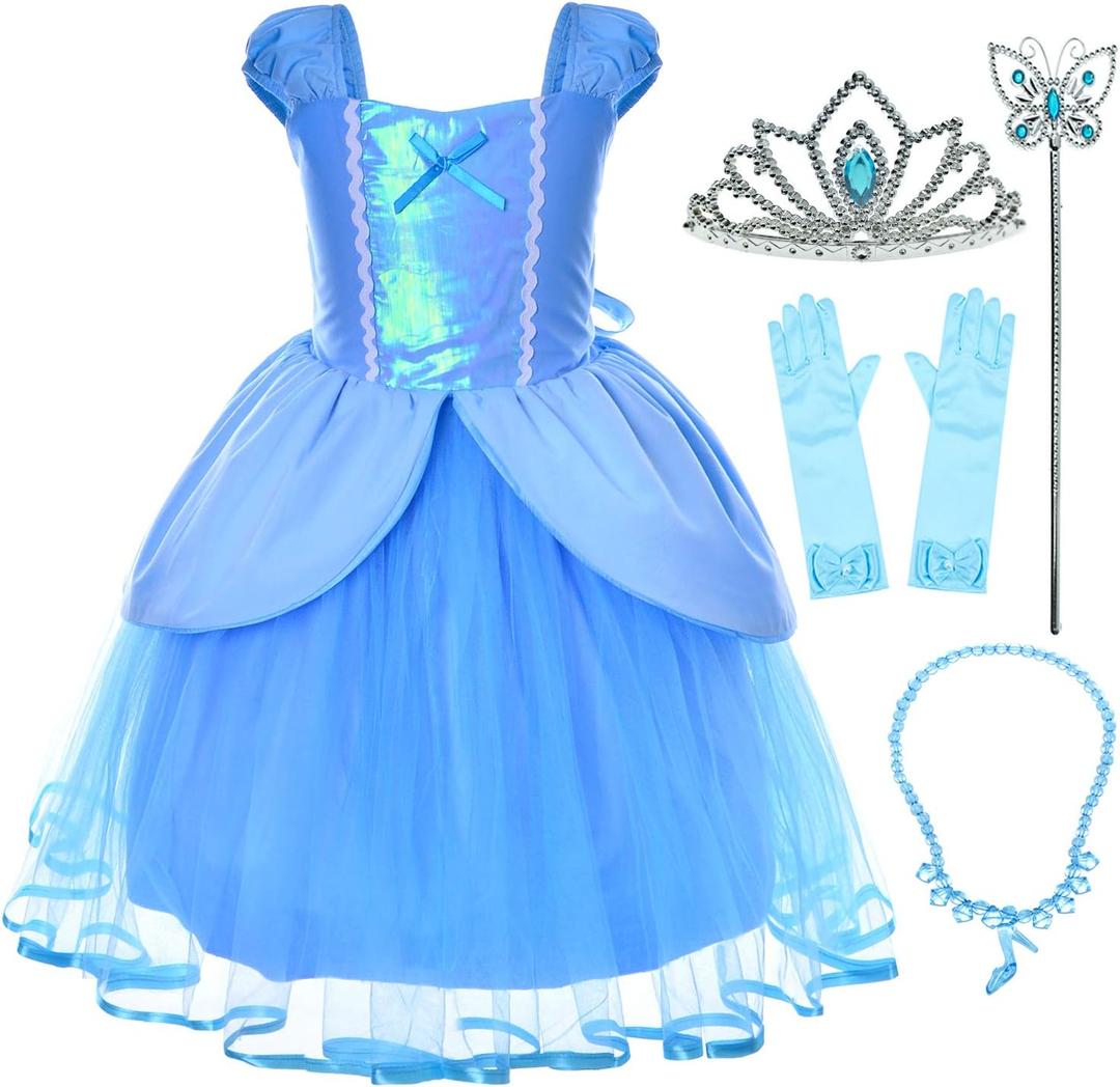 Joy Join Princess Costume Blue Dress for Toddler Girls Dress Up With Gloves,Crown,Wand,Necklace (Blue, 5-6Y)