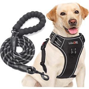 No Pull Dog Harness Adjustable Reflective Oxford Easy Control Medium Large Dog Harness with A Free Heavy Duty 5ft Dog Leash (M (Neck: 14.5"-20.5", Chest: 22"-28"), Black Harness+Leash)