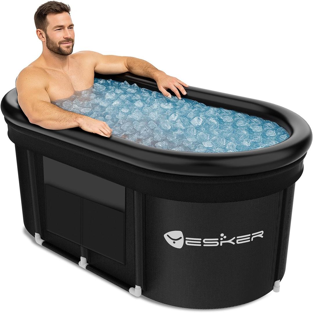 Yesker 110-Gallon Oval Ice Bath Tub with Storage Bag, Multi-Layered Portable Cold Plunge Tub with Cover, Drop-In Bathtub Foldable for Athletes, Home Gym, Outdoor Use