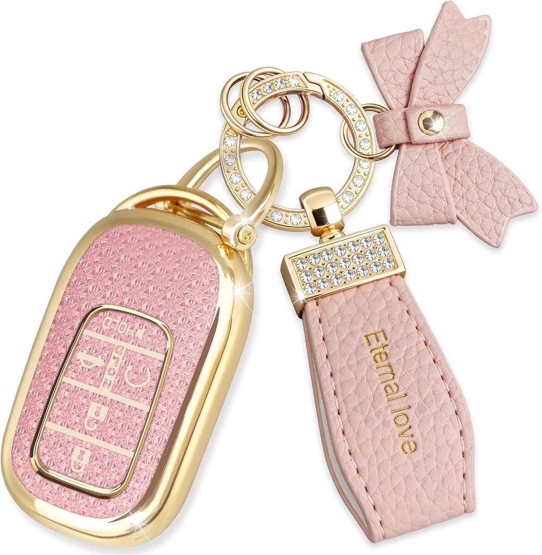 Key Fob Cover with Diamond Keychain, Car Key Shell for Women, Compatible with Honda 2023 2024 Accord Civic HRV CRV Pilot Smart Remote Key Protector (5 Buttons--Pink Bowknot)