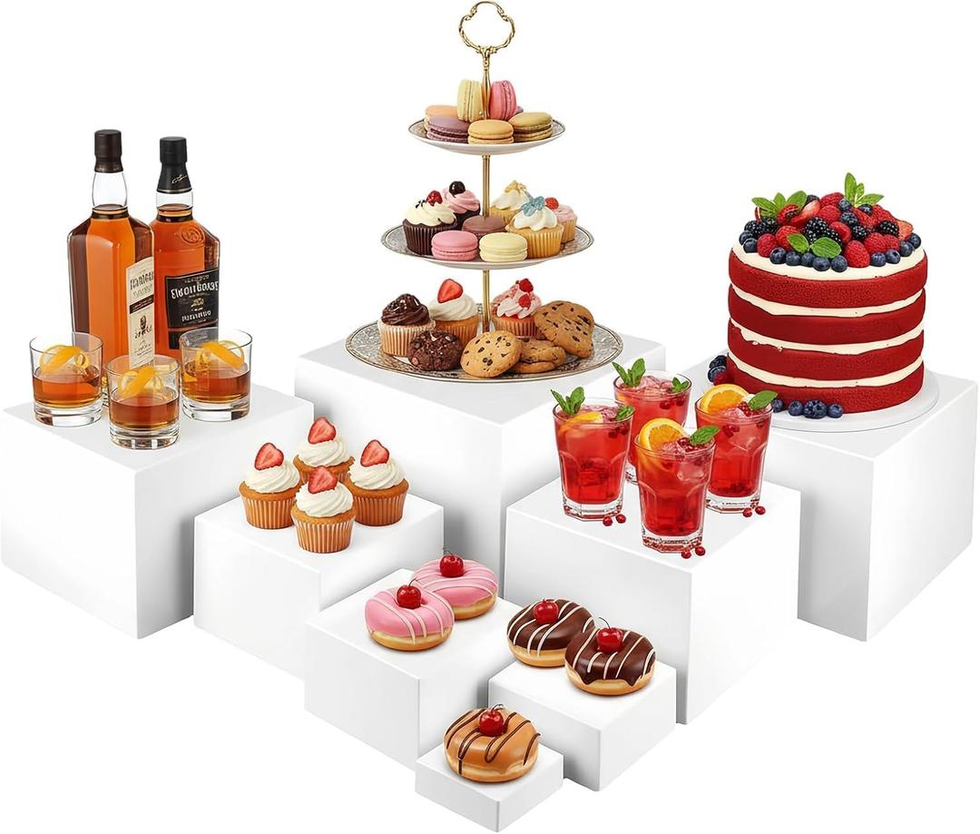 White Acrylic Buffet Risers 8 Pcs, Food Display Stands for Buffet Table Party Catering Dessert Jewelry Collectibles, Acrylic Cube Nesting Boxes with Hollow Bottoms 8 Sizes (10"-9"-8"-7"-6"-5"-4"-3")