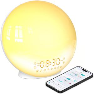 Smart Sunrise Alarm Clock with No Signup APP Control & Wake-Up Light, 4 Alarms, White Noise, FM Radio, Wireless Speaker, White