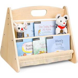 AZSKY Double-Sided Toddler Bookshelf for Kids, Montessori Bookshelf to Display Books, Sling Book Rack Organizer, Playroom Classroom Nursery Book Shelves, Wooden Kid Bookcase for Baby Girl BoyBeige