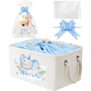 Pickmesh Baby Shower Storage Basket with Gift Bags Rectangular Ribbons Collapsible Canvas Storage Bin with Handles for Diaper Organizing Toy Home DIY Gift Basket, 13 x 9. 1 x 7. 1 Inch(Blue Elephant)