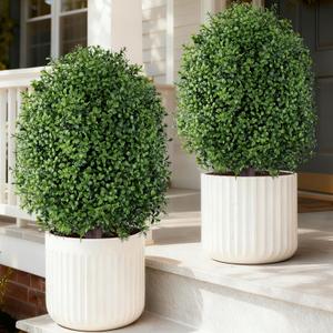 INSPRING 27'' Artificial Boxwood Topiary Trees Outdoor Fake Bushes Plants UV Resistant Evergreen Shrubs with Metal Ground Spike for Porch Patio Garden, 2 Pack